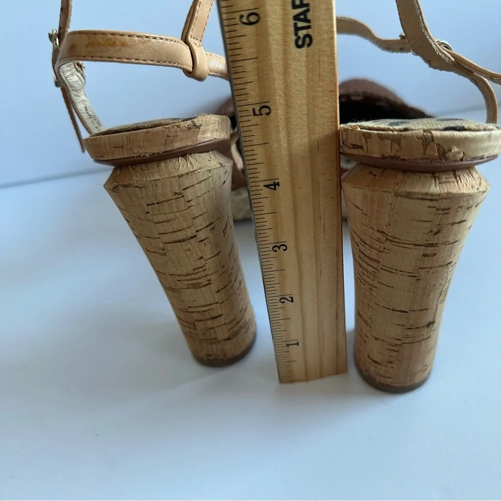Sam Edelman Rella leather cork basket weave espadrille platform heels.